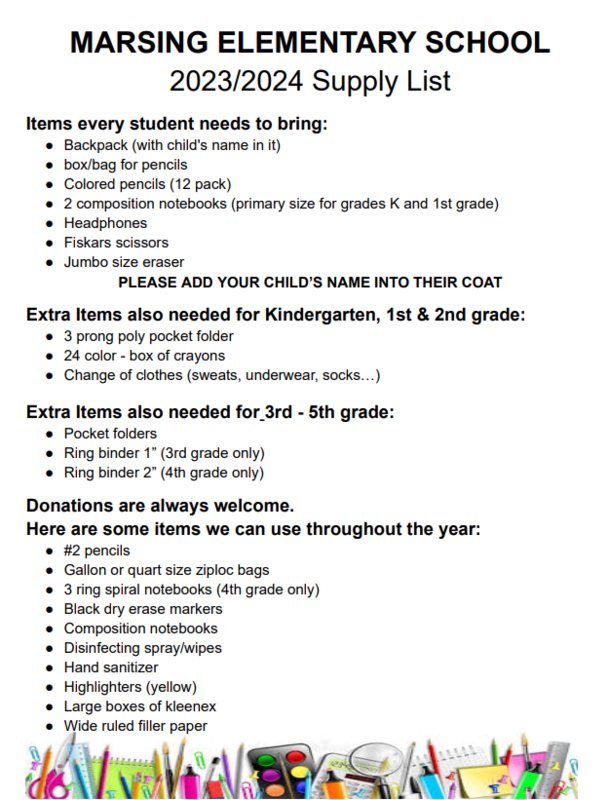 School Supply List Marsing School District